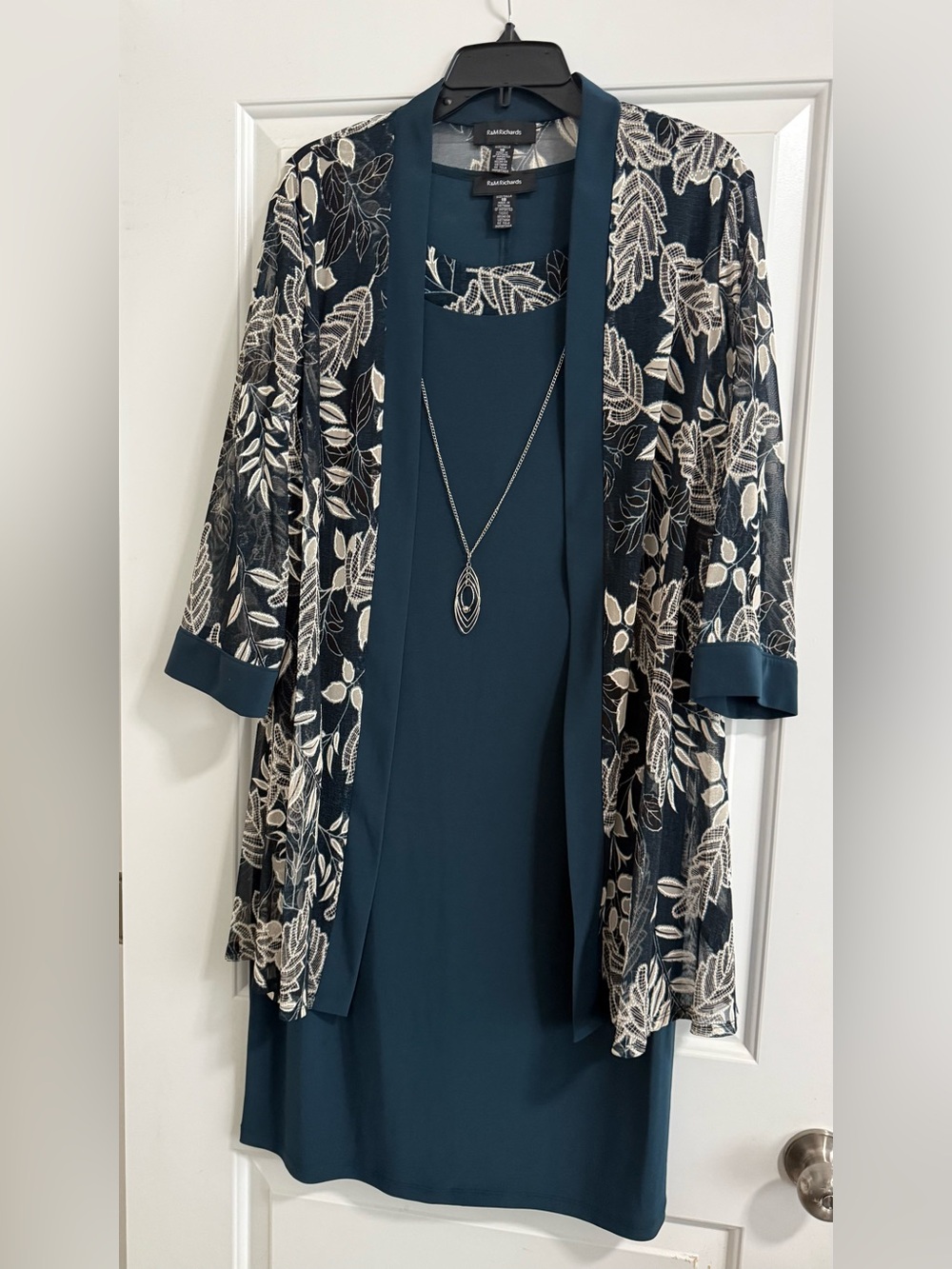 R&M Richards Teal Dress with Cream Floral Lace Jacket